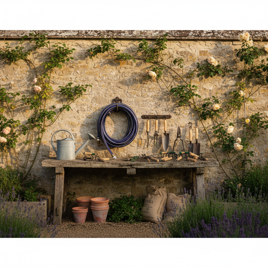 Jardin clos à l'heure dorée avec outils Gardenindigo